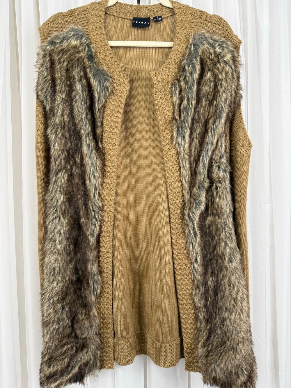 Tribal Women’s Long Faux Fur Trim Sweater Vest Large Camel Open Front Wool Blend